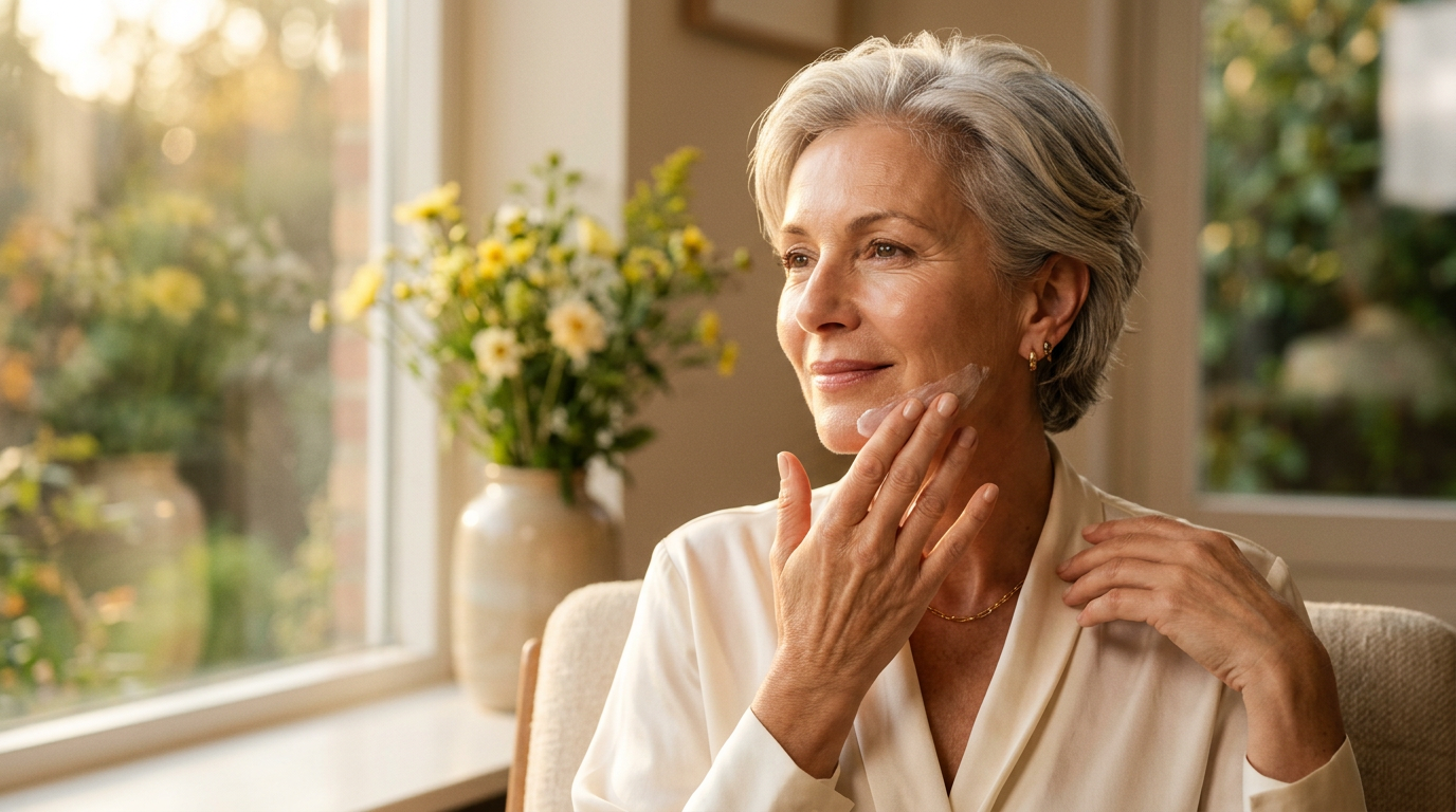 Modèle appliquant la crème sur la mâchoire